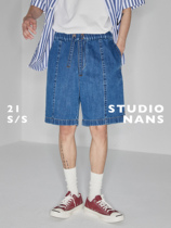 (NANS) syro-spun in stitched line split waist belt pumping rope open fork denim jeans DENIM SHORTS