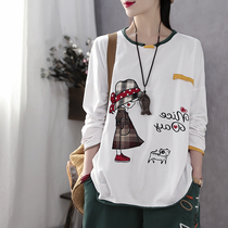 Han Suoyi retro art spring and autumn new patch embroidered flower girl long sleeve T-shirt women loose tide ins coat
