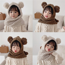South Korea 2022 autumn and winter new male and female child baby cuddling cute little bear ball cap scarf-integrated protective ear warm hat
