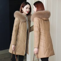 zqqz leather down jacket women long 2021 new fashion fox fur collar sheep leather jacket D172