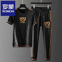Romon high-end mens leisure sports suit Summer thin Breathable Boomer embroidered Enlarged Code Short Sleeve T-shirt