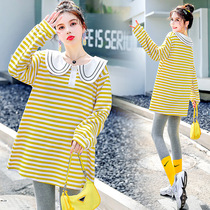 Pregnant womans autumn clothing 2021 new T-shirt striped sweatshirt fashion suit Spring-autumn-style long sleeve womens undershirt tide