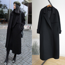 Tide brand double-sided cashmere coat women 2021 autumn and winter New long thick lace-up black woolen coat women