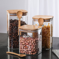 Square glass sealed tank household storage tank with wooden spoon seasoned bottle kitchen food storage tank