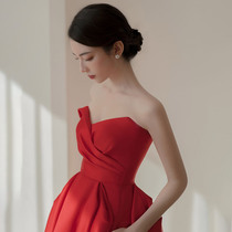 Straight Shoulder Toast Bridal Wine Red Color Display Slim Temperament Engagement Gown Dress Normally Can Be Worn Back Door Registration Brigade Pat
