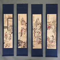 Retro Tang Bohu antique Chinese painting old silk cloth framed quadruple murals hand-painted calligraphy and paintings have been framed Tang Yin characters