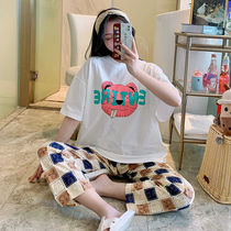 Sleepwear women Summer 2021 New pure cotton short sleeves Long pants cute and thin section Two suits Spring and autumn season Home clothes