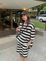 Summer Home 2022 New Korean Department Ocean Gas Commute Casual Striped short sleeve T-shirt female shorts Two sets