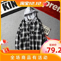 (Radish Cooperative) Plaid shirt hooded shirt autumn new fashion wild long sleeve fake two pieces