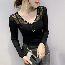European Standing Autumn Winter New Sexy Lace V Collar T-shirt Woman Long Sleeve Mesh Yarn Undershirt Woman inside Tight Blouses