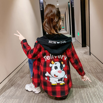 Girl Plaid Shirt Jacket 2022 Spring Dress New Foreign Air Trendy Blouse Children Spring Autumn Long Sleeves Pure Cotton Lining Clothes