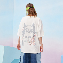 ACHS AWAKE20SS cherry blossom cat print short sleeve national tide summer loose casual couple trend T-shirt