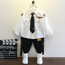 Boys autumn suit tide 2021 New handsome white shirt children Spring and Autumn captain uniform childrens clothing two-piece