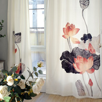 Chinese style simple fresh hand-painted semi-shading finished curtain curtain curtain partition curtain pure white background ink lotus custom