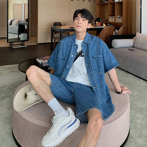 Hualun Summer Thin Denim Set Two-Piece Mens Trend Korean Edition Mens Casual Short-Sleeved Shirt Jacket Trend