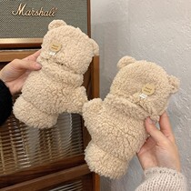 Japanese Gelato Plush Gloves Women Winter Ins Cute Little Bear Flip Flops Finger Writing Add Fleece Thickened Warm
