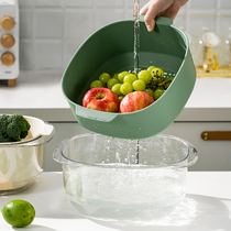Net Reddish Wash Basin Drain Basket Kitchen Wash Vegetable Basket Wash Fruit Theiner Double Layer Transparent Vegetable Water Fruit Pan Containing Basket