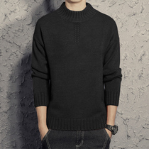 Thick black semi-turtleneck sweater mens trend slim solid color mens sweater Korean mid-collar pullover sweater