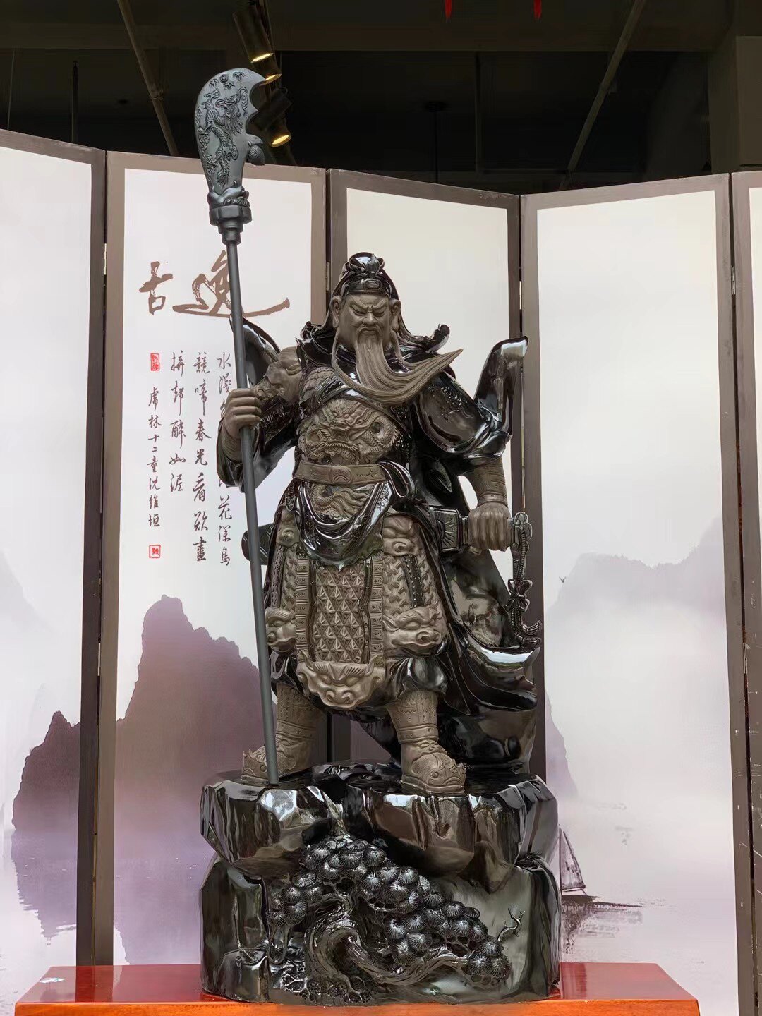 Spot Wu Caishen Guan Gong ornaments living room ebony wood carving crafts solid wood hand-cleaning knife 55×40×142