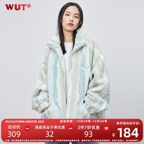 (WUT sugar-free brand) original plush stitching cashmere two fabrics wave line stripes autumn and winter jacket