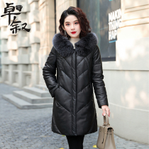 Leather down jacket womens long black fox fur collar high-end mother middle-aged and elderly Haining sheep fur winter