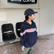 JUSTIN childrens spring autumn new pure cotton Korean version of foreign air fashion printed with cap and clothing boy tide easing blouses