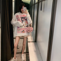 bf lazy wind hooded sweater womens loose mid-length large size new autumn and winter plus velvet personality printed pullover