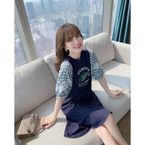 Bubble Sleeve Dress Women Summer 2021 New Little Man French Print Slim Skirt Sweet Design Sense