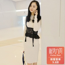 Spot Imamamai 17 Autumn Winter Wool White Knitted Dress Black Handmade Waist Seal