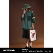 Unvesno (UN) Green Field and Floating Pocket Raw Edge Short-sleeved Retro Loose Color Matching Brand T-Shirt Casual
