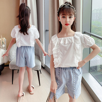Girls Beaded denim shorts suit Western style Lace edge short sleeve Beaded denim shorts suit Lace short sleeve tide
