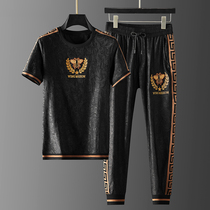 European station high-end mens casual sports suit summer thin breathable Tide brand embroidery plus size short sleeve t-shirt