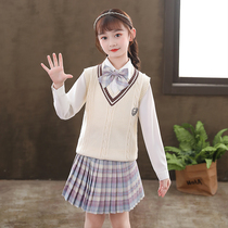 Girls dress 2021 Autumn New jk Academy style set big children knitted long sleeve vest three-piece spring and autumn