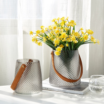 ins vase ornament living room tabletop flower inset light luxury leather portable glass creative flower bucket leather