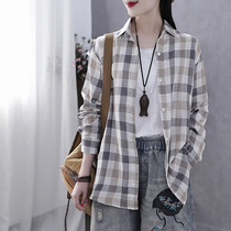 Han Suoyi literary summer Plaid sunscreen clothing thin cotton shirt female Hong Kong flavor ins shirt long sleeve sunscreen clothing