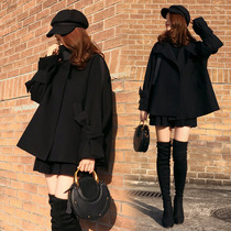 Black woolen coat womens cloak short Korean version of loose small man 2021 autumn and winter New woolen coat thickened