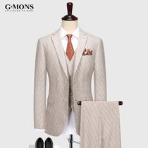 Jiyomeng wool suit suit Mens slim wedding suit Business dress Light coffee plaid winter thick section