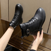 Zhuoshini 2020 winter and autumn new all-match British style inner height showing feet small and medium heel black plus velvet Martin boots female