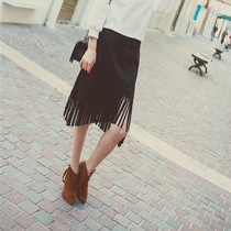 Autumn and winter New peach velvet skirt womens tassel dress slim bag hip suede dress retro medium length dress size