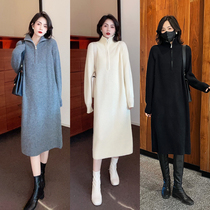 College woolen coat coat coat women 2021 Winter new French lazy wind lapel zipper knit dress