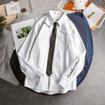 Japanese retro hipster tie shirt mens casual simple long-sleeved youth embroidery letters Korean version of the trend white shirt
