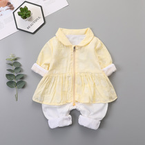 Newborn long-sleeved double-layer one-piece female baby cute princess style romper spring new one-piece fake two-piece young