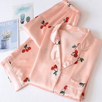Ice silk pajamas womens summer long sleeve suit Spring and autumn sexy thin cute simulation silk homewear two-piece set
