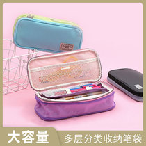 Japanese national reputation KOKUYO Plaid impression female students use pencil bag literary hipster male metal zipper multifunctional stationery bag light color cookie simple color mosaic multi-layer large capacity pen bag