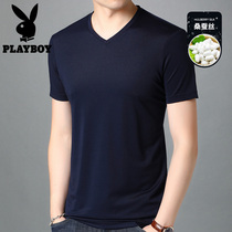 Playboy mulberry silk short sleeve T-shirt V-collar men solid color thin young and middle-aged business round neck trend men