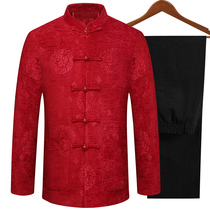 Spring and Autumn Tang Fashion Mens Set Sleeve Thickening Chinese Middle and Older Daddy Winter Costumes