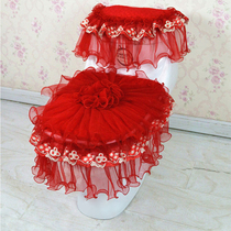 Wedding toilet three-piece toilet seat set European lace fabric red toilet seat cushion Red universal zipper