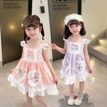 Girls dress summer dress 2023 new foreign style childrens suspenders Lolita princess dress baby plaid lace skirt
