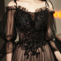 Black evening dress female high-end banquet 2021 New temperament annual meeting retro French court dress long shoulder