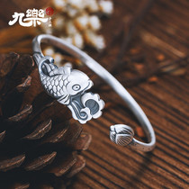 Nine music 999 sterling silver bracelet female retro ethnic style small fish koi carp lotus frosted opening solid personality niche